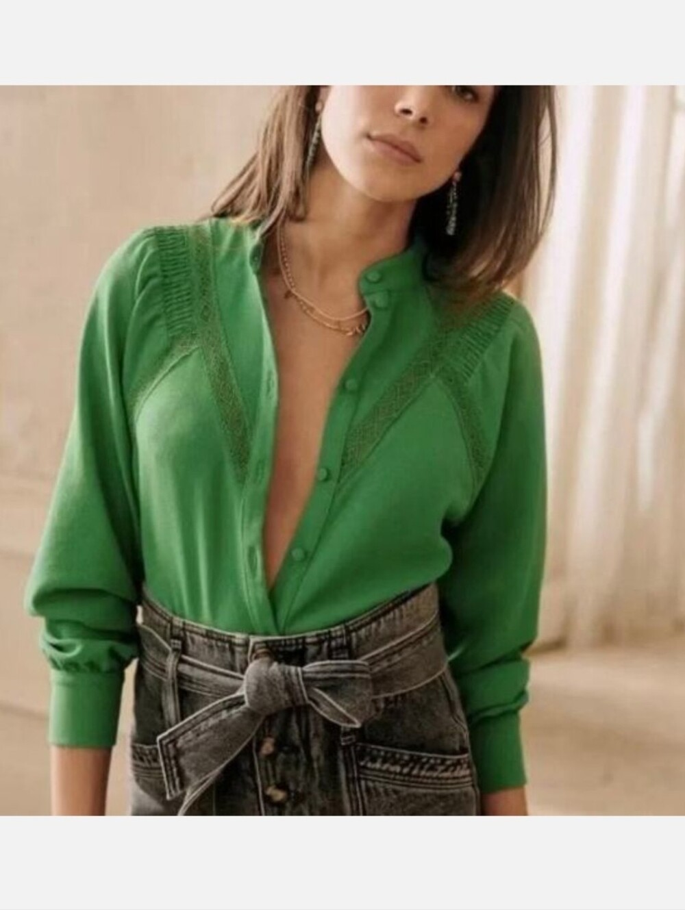 Sézane Fride Blouse Frida vibrant emerald green  classic Parisian-style SZ 38/M